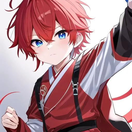 Prompt: Hiroki 1male (Red side-swept long in the front short in the back, sharp and sassy blue eyes), 8K, Insane detail, best quality, UHD, Highly detailed, insane detail, high quality. 5 years old, kid, boy, male, holding his Dad's hand 