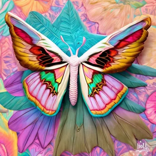 Prompt: Pastel atlas moth diorama in the style of Lisa frank