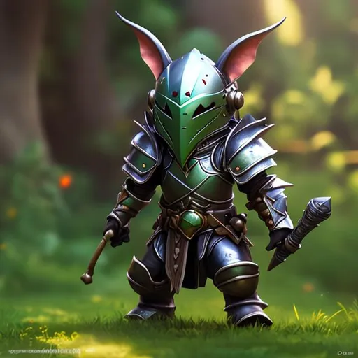 Prompt: Goblin, pots and pans armor, fantsy, playful, knight, adventure, outside background, green skin, small, long ears, long nose