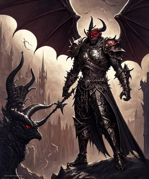 Prompt: Illustration of fantastic world, imaginative devil creature with goat head and human body and bat wings. It wears an intricate medieval armor, horned shoulder plates,and bring with a Warhammer.  embodiment by Frank Fazetta, fantastic background of a doomed world. photo realistic artwork, rim light
