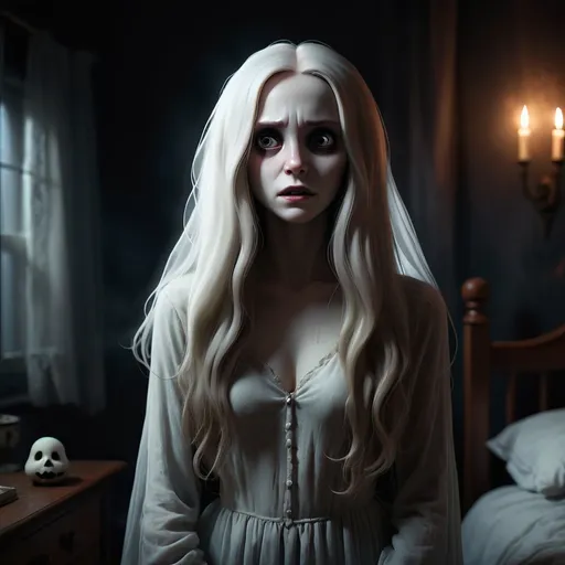 Prompt: Cute Pale-skinned ghost woman with long hair, haunting the dark bedroom, eerie atmosphere, high resolution, haunting, dark tones, atmospheric lighting