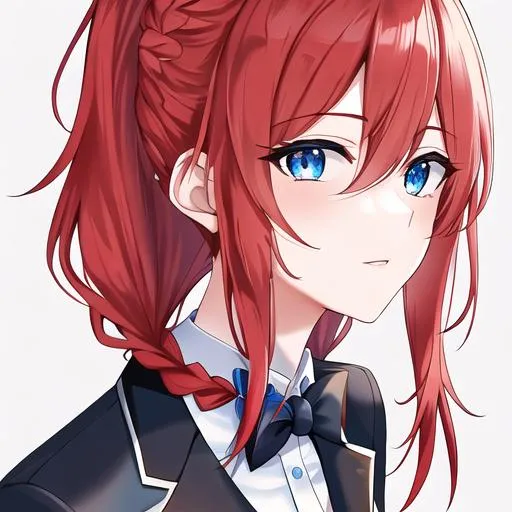 Prompt: Haley 1female (braided red hair pulled back, lively blue eyes. Wearing a tuxedo UHD, close up, 