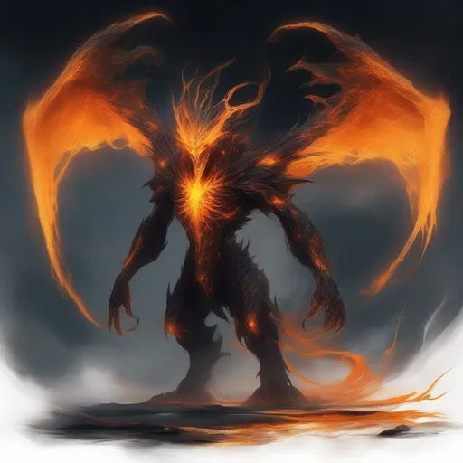 Prompt: a gigantic chaos calamity monster made from wisps of darkness and you could see the orange energy under. It stands tall and slender high above the earth, its power greatest of its kind. It’s wings wide apart, A god of chaos