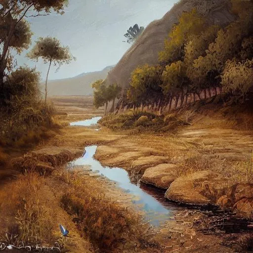 Prompt: High-Quality realist painting of a river crossing a traditional Moroccan village in a valley at dawn, peaceful, very detailed, digital art.