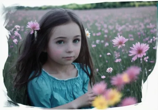 Prompt: A girl sitting in a flowery meadow.