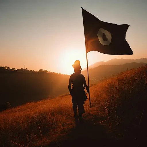 Prompt: man carrying white flag on a hill in sunset  silhouette

