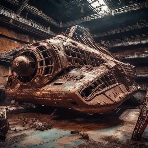 Prompt: wreck broken ancient huge old rusty spaceship astronauts discovering it 