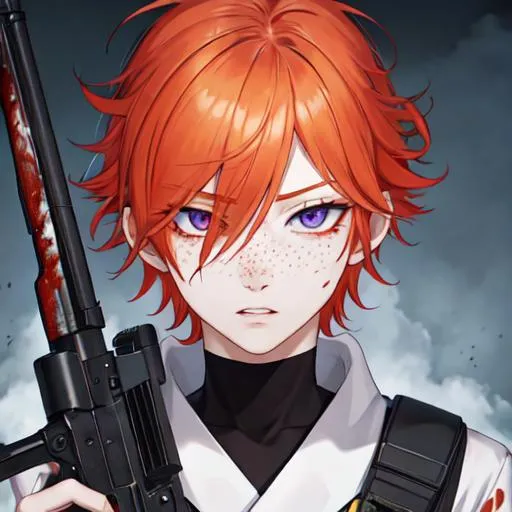 Prompt: Erikku male adult (short ginger hair, freckles, right eye blue left eye purple) UHD Highly detailed, insane detail, anime style, covered in blood, psychotic, pointing a shotgun straight at the camera