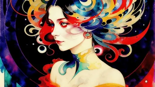 Prompt: Lady in red, smudge, splash, stain, watercolor, alphonse mucha, rococo, iridescent, synesthesia, mysterious, vapor, whimsical, noctilucent, karol bak, sonia delaunay, takashi murakami, ralph steadman, mixed media, symbolist painting