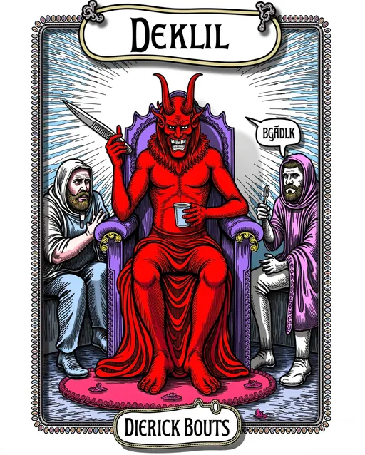 Prompt: a red devil sitting on a throne surrounded by other men in robes and holding a knife and fork in their hands, Dieric Bouts, gothic art, dark fantasy art, a detailed drawing