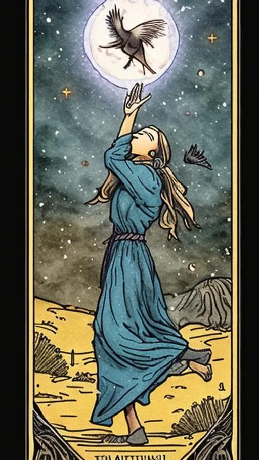 Prompt: Create a tarot card from the following:

* The Dust Dance (Minor Arcana - Pentacles):
    * Interpretation: Appreciating the fleeting nature of life and finding beauty in everyday moments. Practicing mindfulness and gratitude.