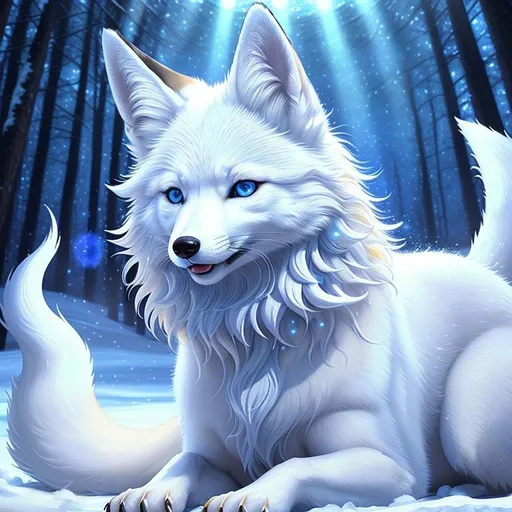 Prompt: remove text, (masterpiece, highly detailed oil painting, best quality, 3D, UHD), a white fox-wolf hybrid with bashful hypnotic sapphire-blue eyes, 8k eyes, lying in the snow, deep blue fur, thick lavish blue mane, digital rendering, by Lorraine Fox, kitsune, emanating with blue aura, fluffy fox ears, white sparkles sunlight beams, header text, by Anne Stokes, featured on deviantart, furry art, emma watson as the queen of ice
ta thunberg, kawaii cute dog, presenting magic gem, shambala, anime 4k, photo render, yee chong silverfox, beaming sunlight, very extremely beautiful, (plump:2), uv, professional, symmetric, golden ratio, unreal engine, depth, volumetric lighting, rich oil medium, (brilliant auroras), (ice storm), full body focus, beautifully detailed background, beautifully detailed defined furry legs, cinematic, 64K, UHD, Yuino Chiri, intricate detail, high quality, high detail, masterpiece, intricate facial detail, high quality, detailed face, intricate quality, intricate eye detail, highly detailed, high resolution scan, intricate detailed, highly detailed face, very detailed, high resolution, perfect composition, epic composition