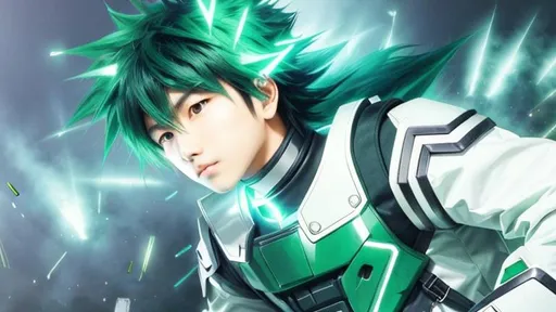 Prompt: A japanese boy, green spiky hair, green eyes, wear a green jumpsuit with white sleeves, metal plates on the shoulders and a mask hanging from the neck
