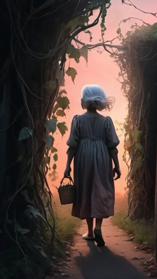 Prompt: eerie old woman walking, glowing, scary, vines hanging, dark, windy, horror, 4k HDR