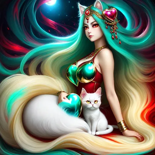 Prompt: cotton surreal puffy liquid red gold silver jade (Beautiful {Fluffy!!! Persian}kitten plasma, Beautiful big {heart-shaped}reflective eyes, long flowing hair), hyper realistic, expansive psychedelic background, hyper realistic, 8K --s99500