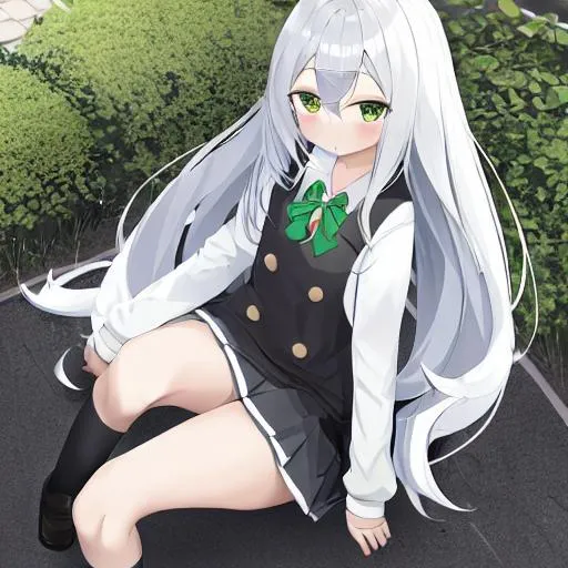 Prompt: white and long hair, school uniform and black socks, cute and short,kawaii,green small round eyes