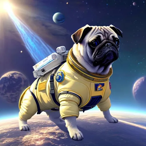 Prompt: a pug in a space suit in space ,photorealistic, god rays, artstation, deviantart, unreal engine, intricate details ,vibrant colors