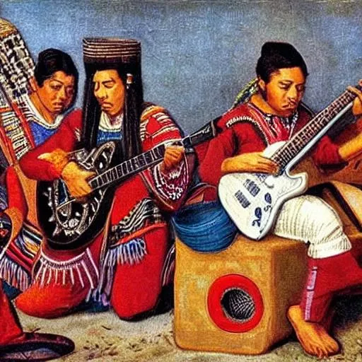 Prompt: Aztec people playing a fender stratocaster in the 1600s