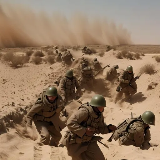 Prompt: trench warfare, desert, surprise attack, scifi, army, large, sand storm