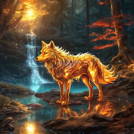 Prompt: Insanely beautiful (canine quadruped) that is glowing, thick golden mane, on two legs, translucent, luminescent, illusion, anime, glistening fiery mane, flaming red eyes, majestic wolf face, energetic fox, in a magical forest near a lake, sunrise, beneath the stars, crystal lake, waterfall, bioluminescent, highres, best quality, concept art, epic digital art, intricately detailed, cinematic, vibrant, UHD, professional