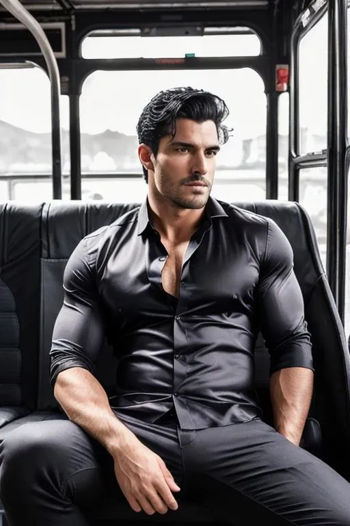 Prompt: full body portrait of "muscular insolent hypermasculine beautiful man, with black hair and with rugged face, wearing "silk unbuttoned shirt", "manspreading on a bus seat",arena, perfect composition, hyperrealistic, super detailed, 8k, high quality, trending art, trending on artstation, sharp focus, studio photo, intricate details, highly detailed, by greg rutkowski