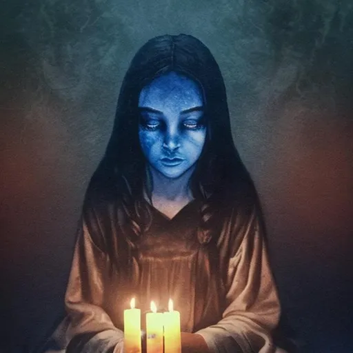 Prompt: An eerie blue and black ombre background. With a young girl sitting on a chair on a white dirty old school night gown. With long black hair over her face. In the middle of a demonic ritual
With candles around