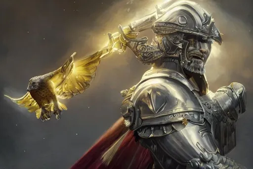 Prompt: Close up portrait, a man clothed with the sun, armor face, protecting earth with his eagle hammer. Big helmet, with the moon under her feet and a crown of twelve stars on her head. hyper realistic extremely detailed dark cinematic UHD, oil painting, intricate, elegant, highly detailed, centered, digital painting, artstation, concept art, smooth, sharp focus, illustration, artgerm, tomasz alen kopera, peter mohrbacher, donato giancola, joseph christian leyendecker, wlop, boris vallejo. blond Bene Gesserit