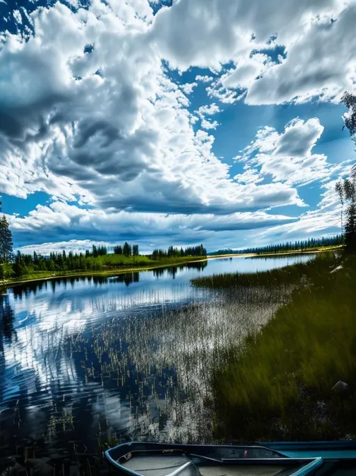 Prompt: beautiful lake in finland, cloudy and sunny, daytime, some mountains and pine trees 