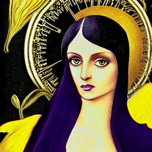 Prompt: beautiful black haired woman purple eyes madonna, gold yellow dress, white lily, black cat, river, jungle, toucan, vermeer art nouveau, medieval, botticelli, virgin mary