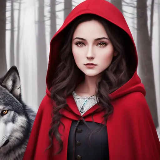 Prompt: close portrait of The Girl in the Red Cloak with the Wolf in the Dark Forest, detailed digital painting, a photorealistic painting, art photography