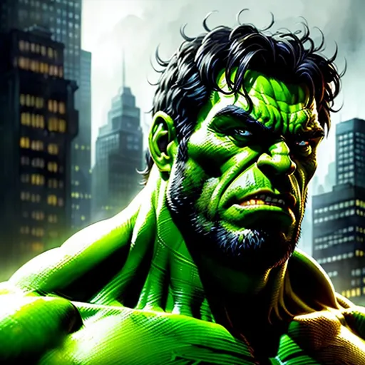Prompt: Portrait of Hulk, bruce banner, marvel comics, atmospheric, ominous, detailed, dramatic, digital painting, artstation, smooth, sharp focus, illustration, art by wlop, art by royo, art by artgem, smooth lighting, city background, symmetrical, anime wide eyes, soft lighting, detailed face, detailed skin, depth of field, motion blur
