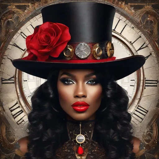 Prompt: black Steampunk woman, pretty face, red lips, tall hat, closeup