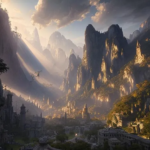 Prompt: magic, tall towers, sunlight, white marble, god rays, digital art, mountain side, landscape, fantasy art, octane render, unreal engine, high detail, very realistic, by greg rutkowski. by james gurney
