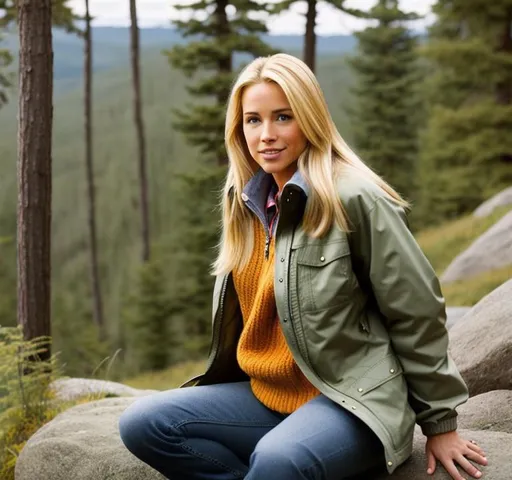 Prompt: 2000s tv show, pretty blonde woman, wearing hiking boots, jeans, outdoor jacket, talking to camera