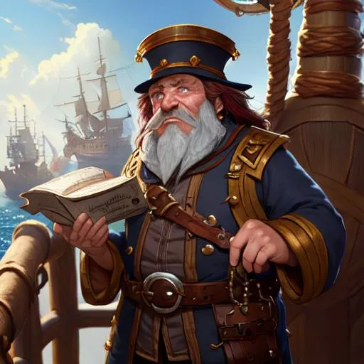 Prompt: dnd dwarf aboard ship, captain hat, matte painting, fantasy, high detail, digital art, by justin gerard and greg rutkowski