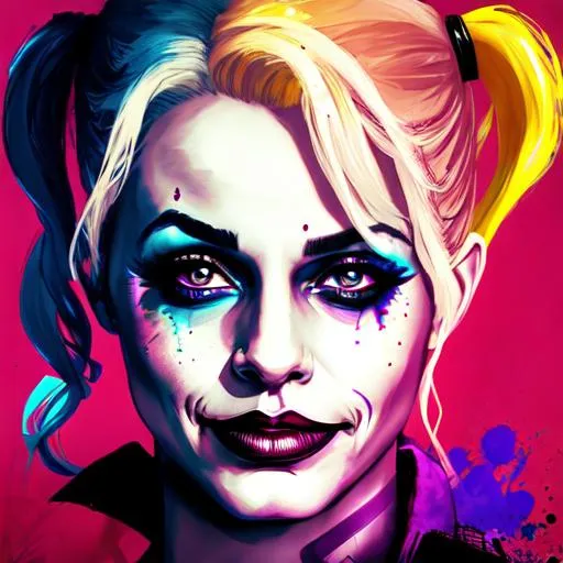 Prompt: harley quinn and the joker staring a viewer, high quality, neon colors