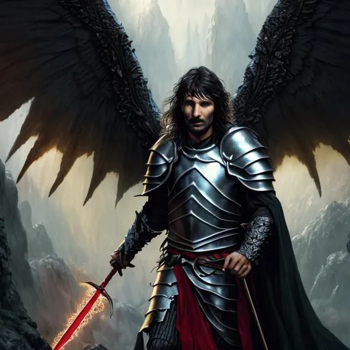 Prompt: Portrait of aragorn wearing armor with black Angel wings, red magic mace in one hand, gold healing magic in the other hand, dark forest, perfect composition, hyperrealistic, super detailed, 8k, high quality, trending art, trending on artstation, sharp focus, studio photo, intricate details, highly detailed, by greg rutkowski