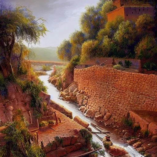 Prompt: High-Quality realist painting of a river crossing a traditional Moroccan village in a valley at dawn, peaceful, very detailed, digital art.