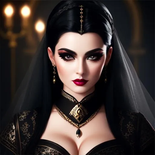 Prompt: Lady with black hair, heavy makeup, cinematic light,  fantasy