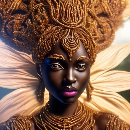 Prompt: Imagine a brown skinned African deity of life, her outfit a pure white color, as life and other organism blossom from her radiating aura, ultra hd, hyper realistic camera quality.