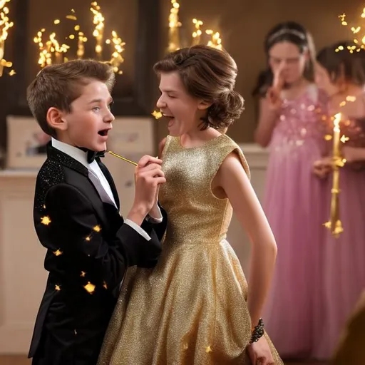 Prompt: 13 year old boy in a tuxedo casts a gold sparkle magic spell with his magic wand on a 5 year old girl. Girls mom screams in the background not knowing what kind of spell he cast on her daughter 