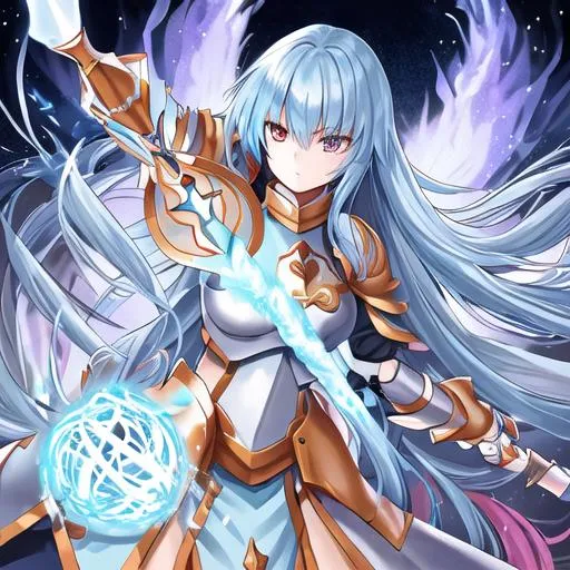 Prompt: warrior girl with very very long hair and a orbe of fire and blue armour