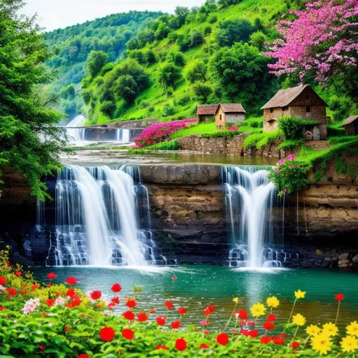 Prompt:  Rural village with water fall, wide screen, flowers, birds, cattle, 4k, higher resolution, 