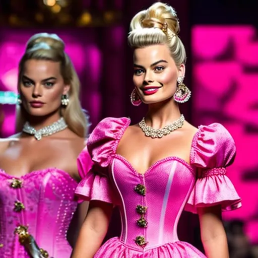 Prompt: Margot Robbie as Barbie wearing a Pink Dolce&Gabbana corset look