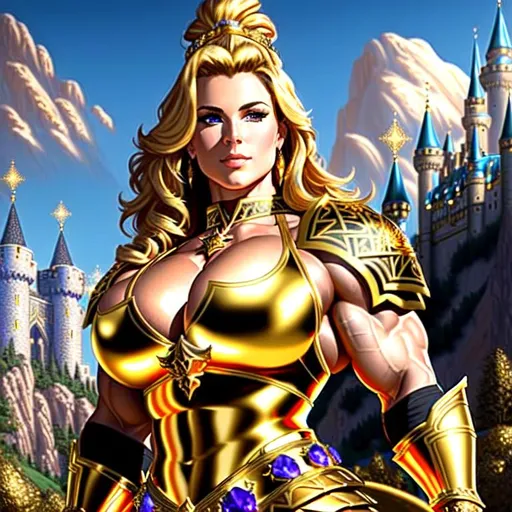 Prompt: UHD, hd , 8k,  oil painting, hyper realism, fantasy,  
((fantasy medieval castle background))((army of knights in the background))
Very detailed, female bodybuilder muscular huge character zoomed out view, face is visible , 
full body of character in view, female barbarian queen with 
blonde hair wearing a golden armor((intricate gold armor with abs and a deep cleavage fully exposed))((sexy)) wielding her great sword , she stand tall on her throne looking down and seducing eye stare with her golden crown and royal cloak, 