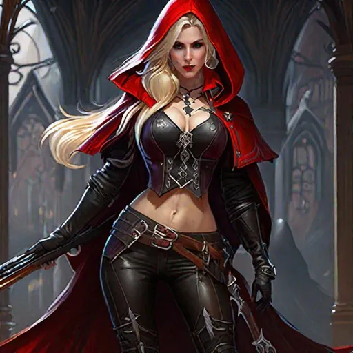 Prompt: Game art, fantasy, Beautiful busty seducer, goth, (crop top:1.5), leather full  clothed, blond hair, pale skin, red hooded cloak, crossbow in hands, full body, 4k