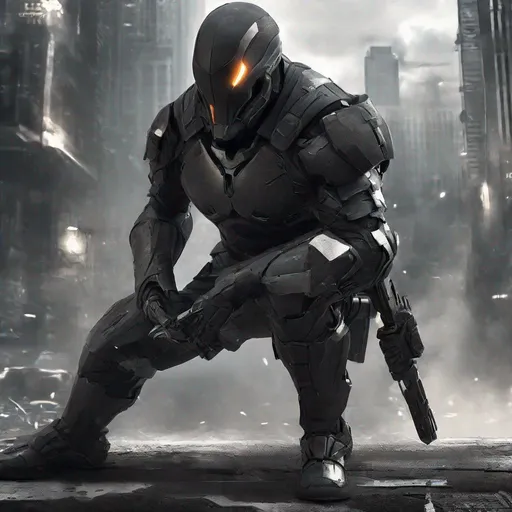 Prompt: Futuristic combat stealth soldier, arkham knight style military helmet, short helmet, sleek helmet, deathstroke, iron man style tactical armour suit, swords, post-apocalyptic setting, high-tech and tactical armor, ninja, assassin, assassin's creed, evil, sith lord, supervillain, call of duty, battlefield, shogun, viking, futurism, star wars, the punisher, mandalorian, SAS, navy seals,  weapons, germanic, samurai, dual swords, gritty atmosphere, detailed reflections on armor, best quality, highres, ultra-detailed, futuristic, post-apocalyptic, sleek design, professional, atmospheric lighting, city background, extreme utility on armour, black colour