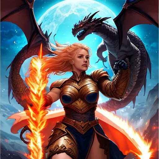 Prompt: Strong woman,staring, fighting with dragon,into space,flaming sword,space shield,long spear