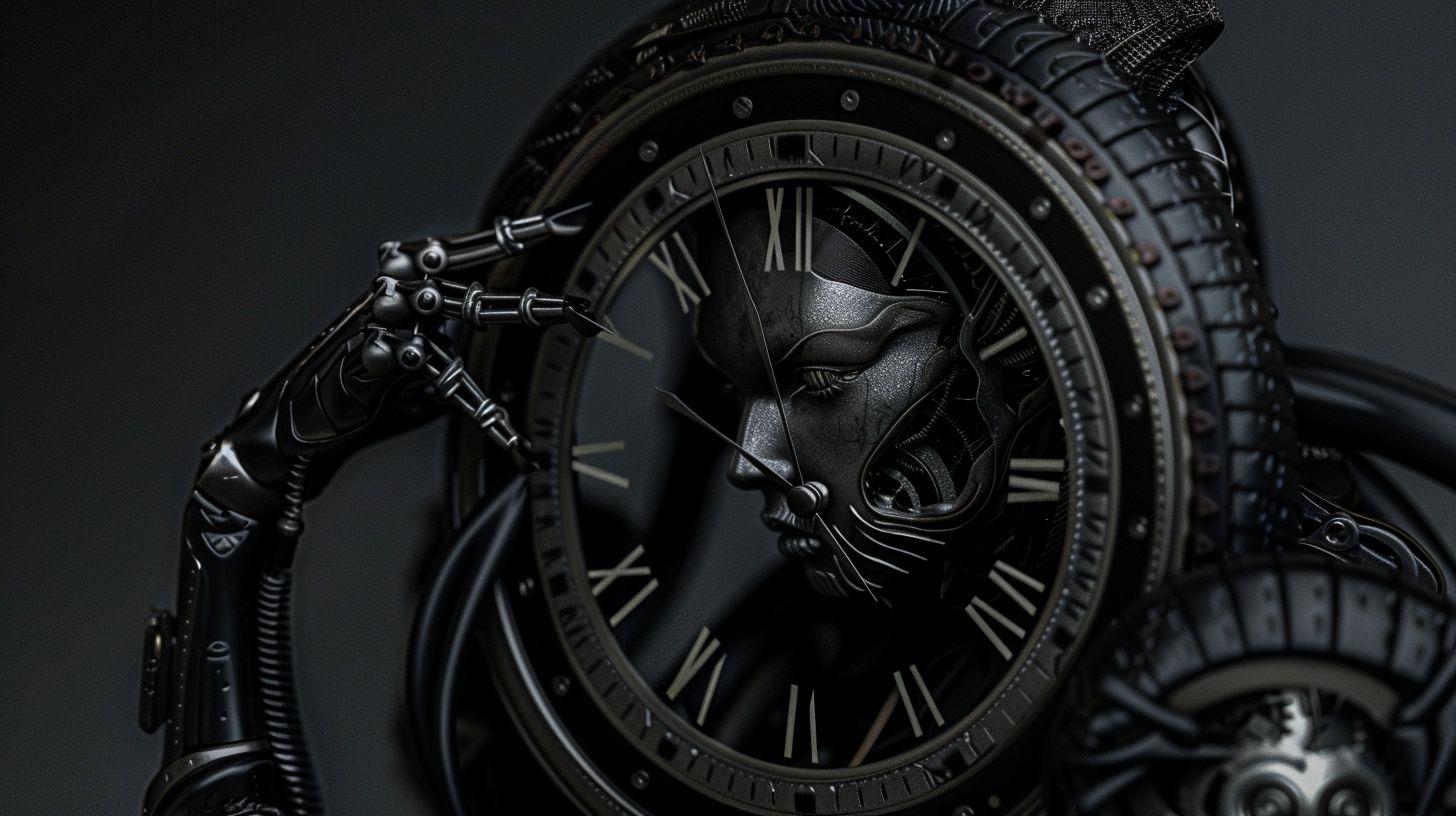 Prompt: london artist hsinalu scifi clock, in the style of fashion photography, dark silver and silver, canon eos 5d mark iv, body art, aggressive digital illustration, blink-and-you-miss-it detail, back button focus