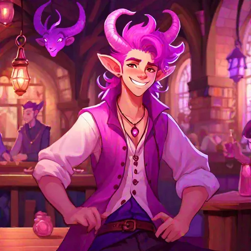 Prompt: A cute tiefling boy sorcerer. Well draw face, pink skin tone, purple hairs. Long flowing vest. Smiling. cute. Two horns on head.  rpg art. 2d art. 2d. Dynamic pose. in background a noisy tavern.
  